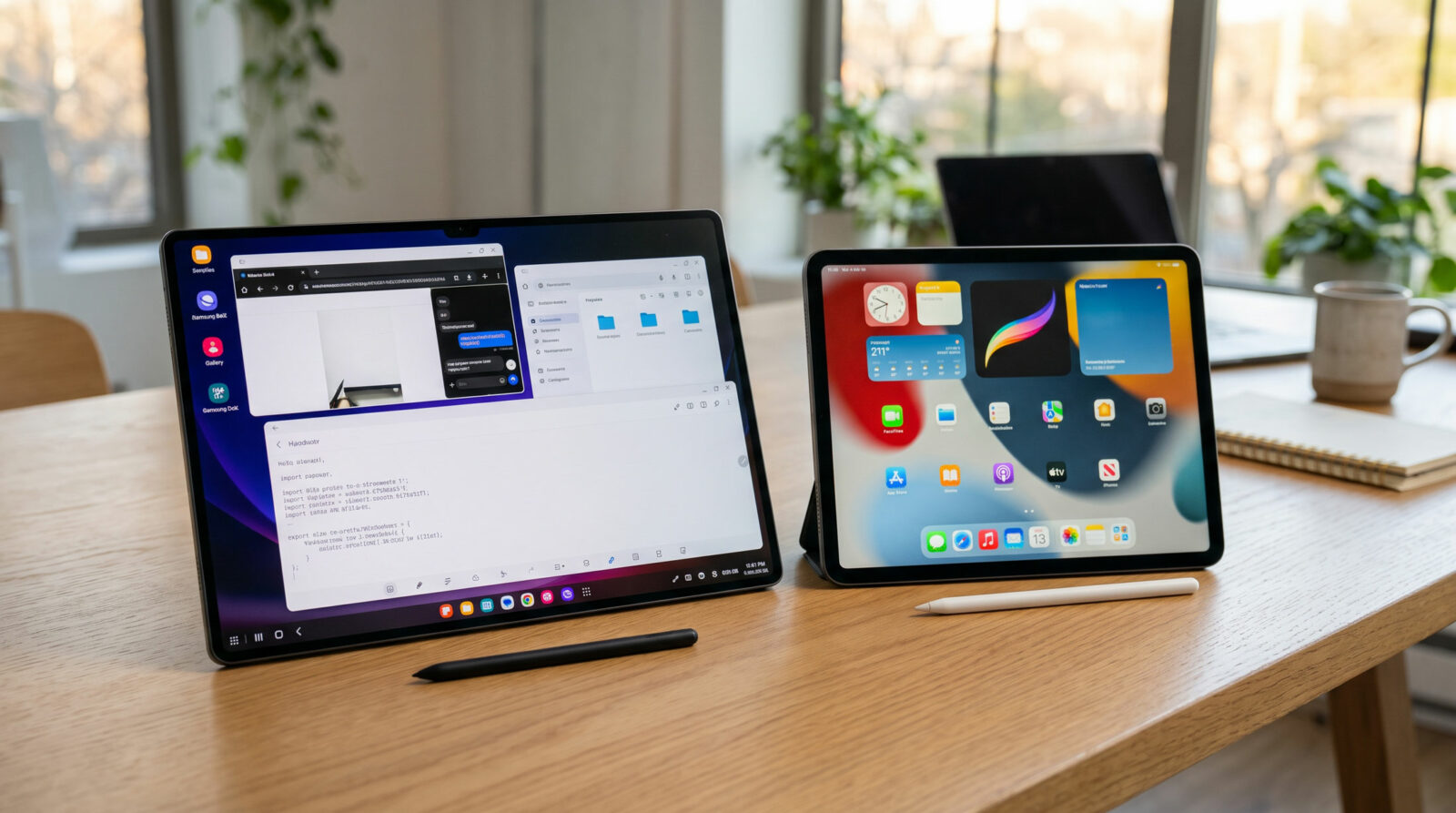 Comparatif visuel entre la Galaxy Tab S12 Ultra de 14,6 pouces avec son stylet S Pen à gauche et l'iPad Pro 13 pouces avec son Apple Pencil à droite sur une table en chêne dans un bureau.