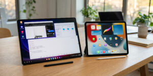 Comparatif visuel entre la Galaxy Tab S12 Ultra de 14,6 pouces avec son stylet S Pen à gauche et l'iPad Pro 13 pouces avec son Apple Pencil à droite sur une table en chêne dans un bureau.