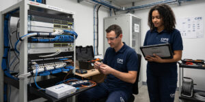 Techniciens CIPE Télécom intervenant sur une baie de brassage réseau et fibre optique en salle serveurs.
