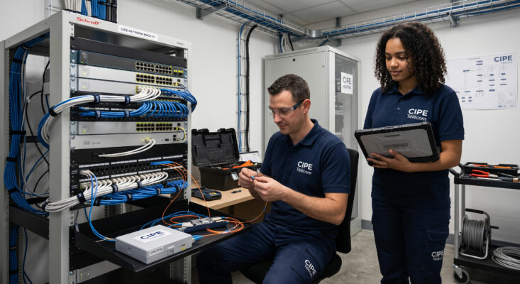 Techniciens CIPE Télécom intervenant sur une baie de brassage réseau et fibre optique en salle serveurs.